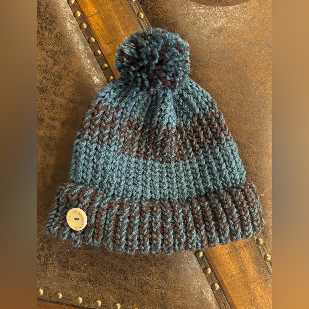 NEW hand knit Teal blue  and Brown Knit Hat with Pom-Pom adult size fits most